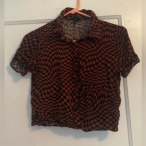 Crop Top Orange & Black Checkered Ska Button Up, Size S
